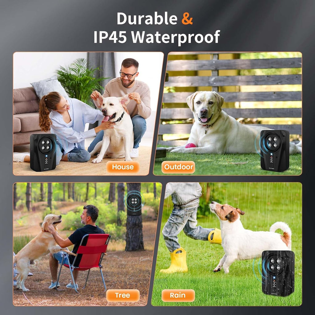 Dog Bark Deterrent Devices, Automatic Anti Barking Device with 4 Ultrasonic Transmitters Long Range 50FT, 3 Mode Recharg