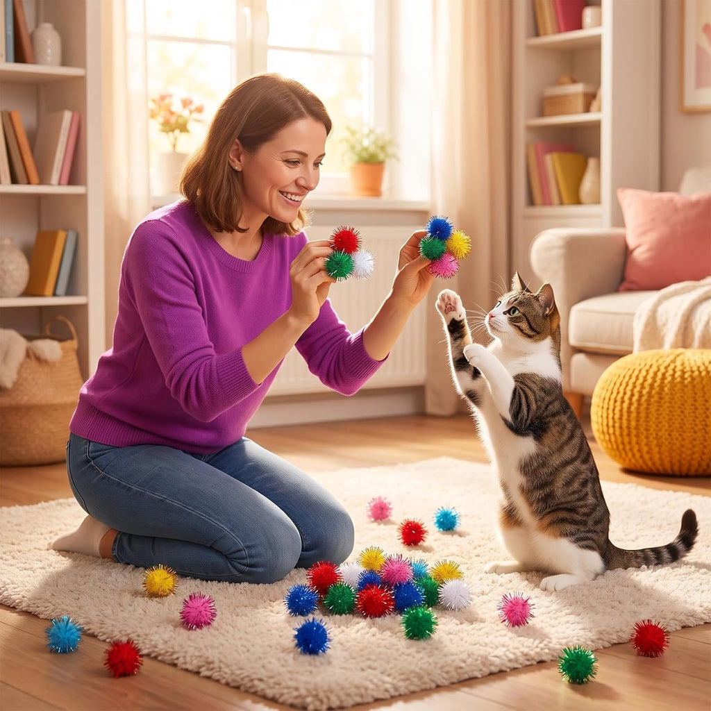 50Pcs Glitter Pom Poms,1.2Inch Cat Sparkle Balls Puff Balls for Cat