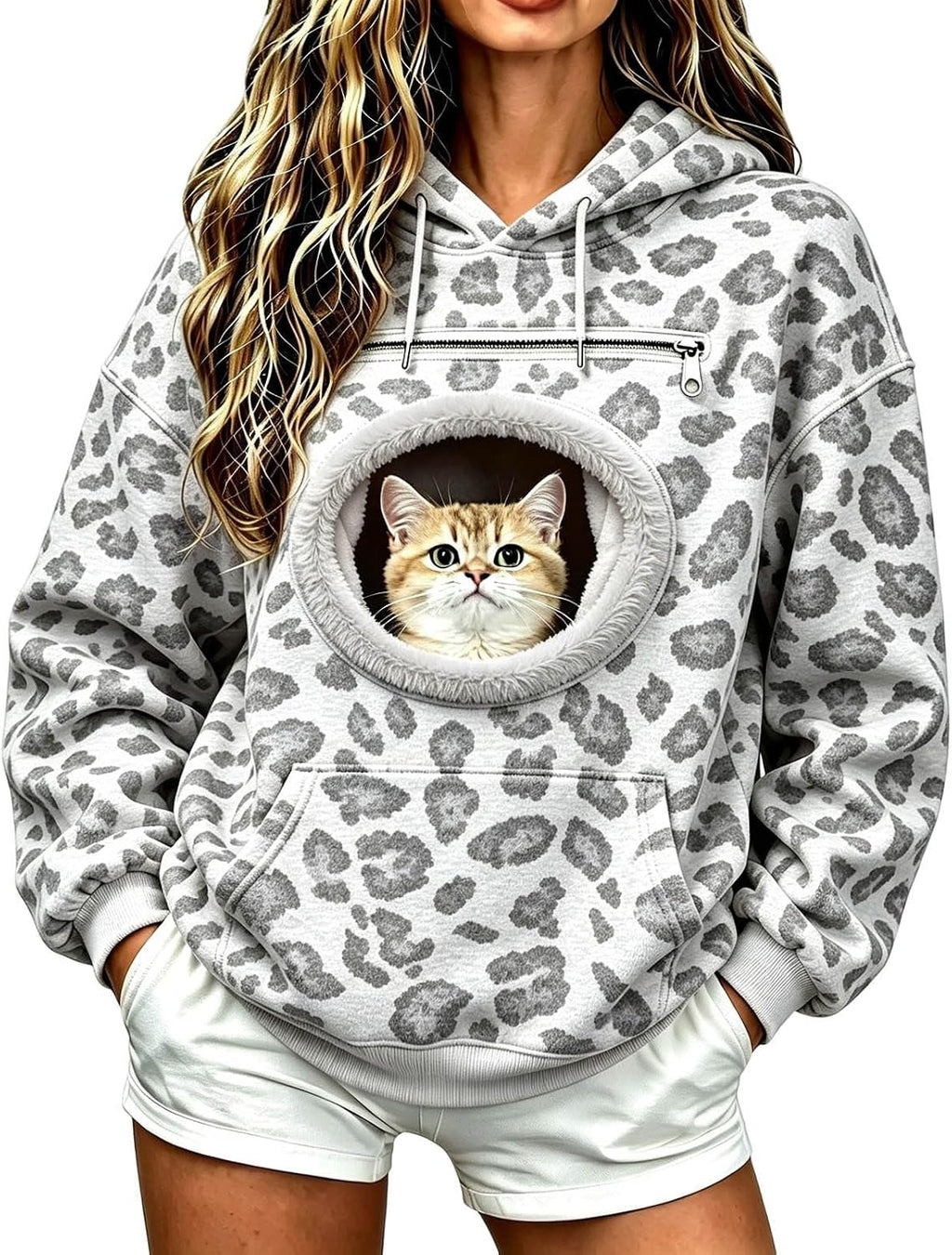 Womens Leopard Print Hoodie - Pet Pouch, Cat Dog Carrier, Kangaroo Pocket