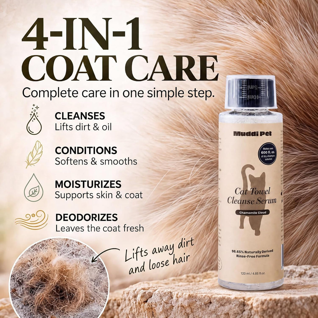 4-in-1 Waterless Cat Shampoo and Conditioner Concentrate with Mitt, Makes 24 Bottles of Dry Shampoo for Cats – Cleanses,