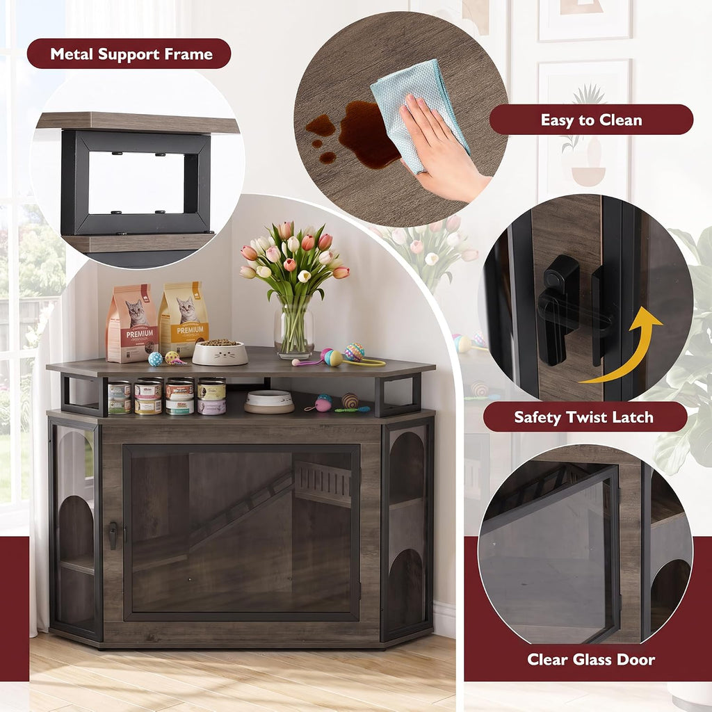 48" Corner Cat Cage Furniture w/2-Tier Shelves, Large Cat House