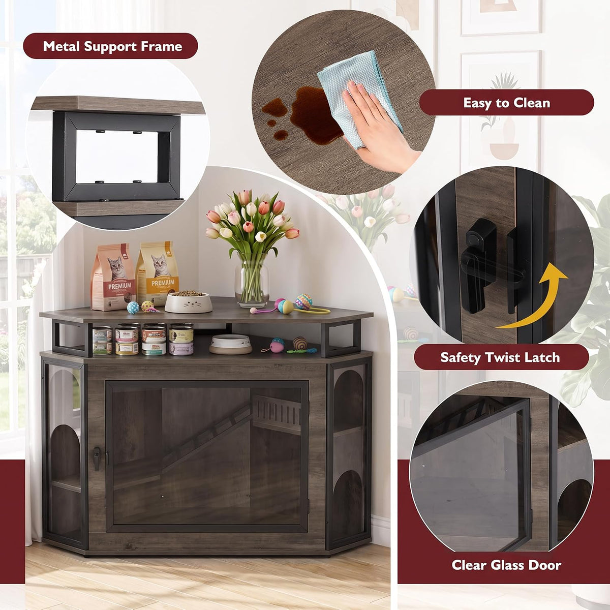 48" Corner Cat Cage Furniture w/2-Tier Shelves, Large Cat House