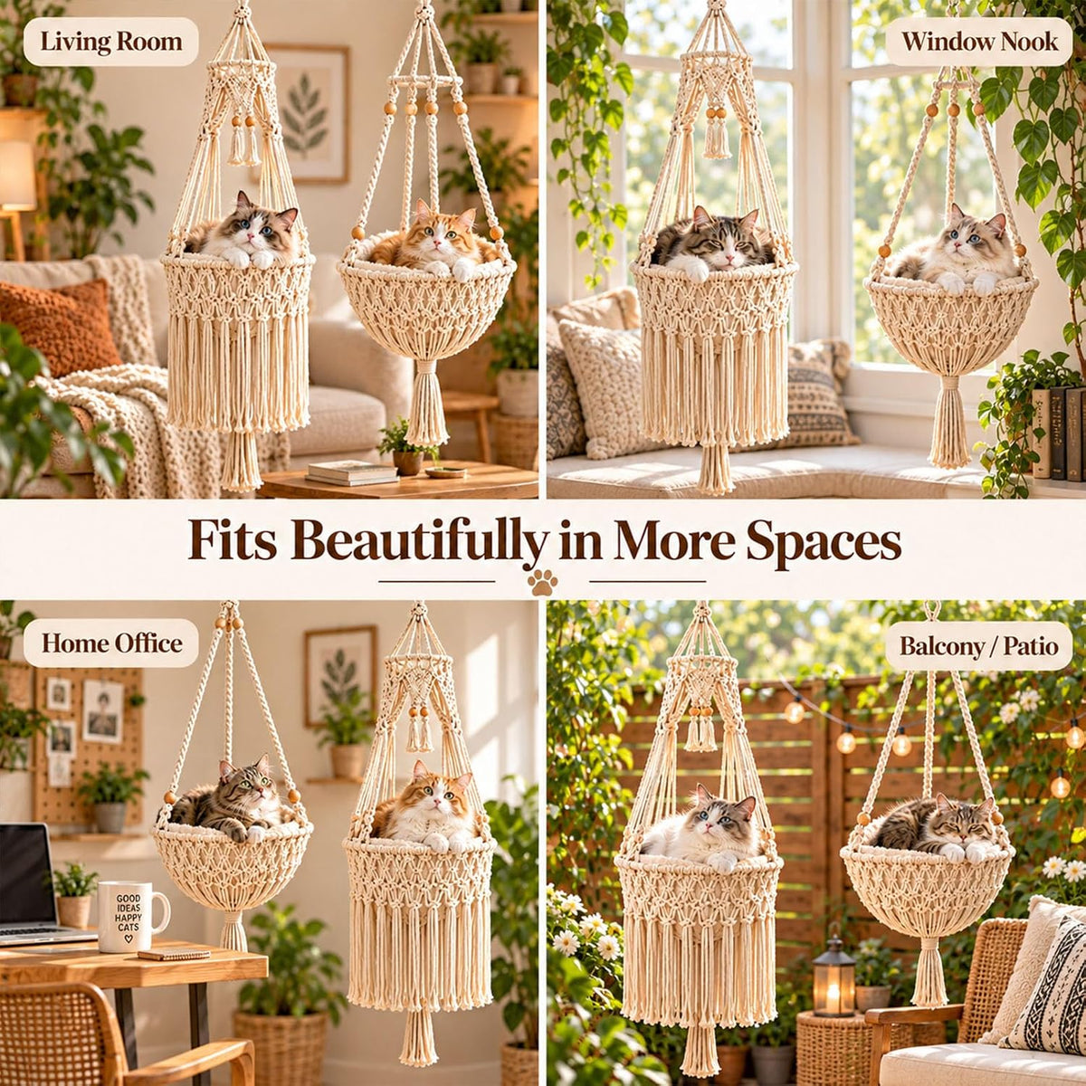 Boho Hanging Cat Bed, Macrame Cat Hammock with Plush Cushion (#A)