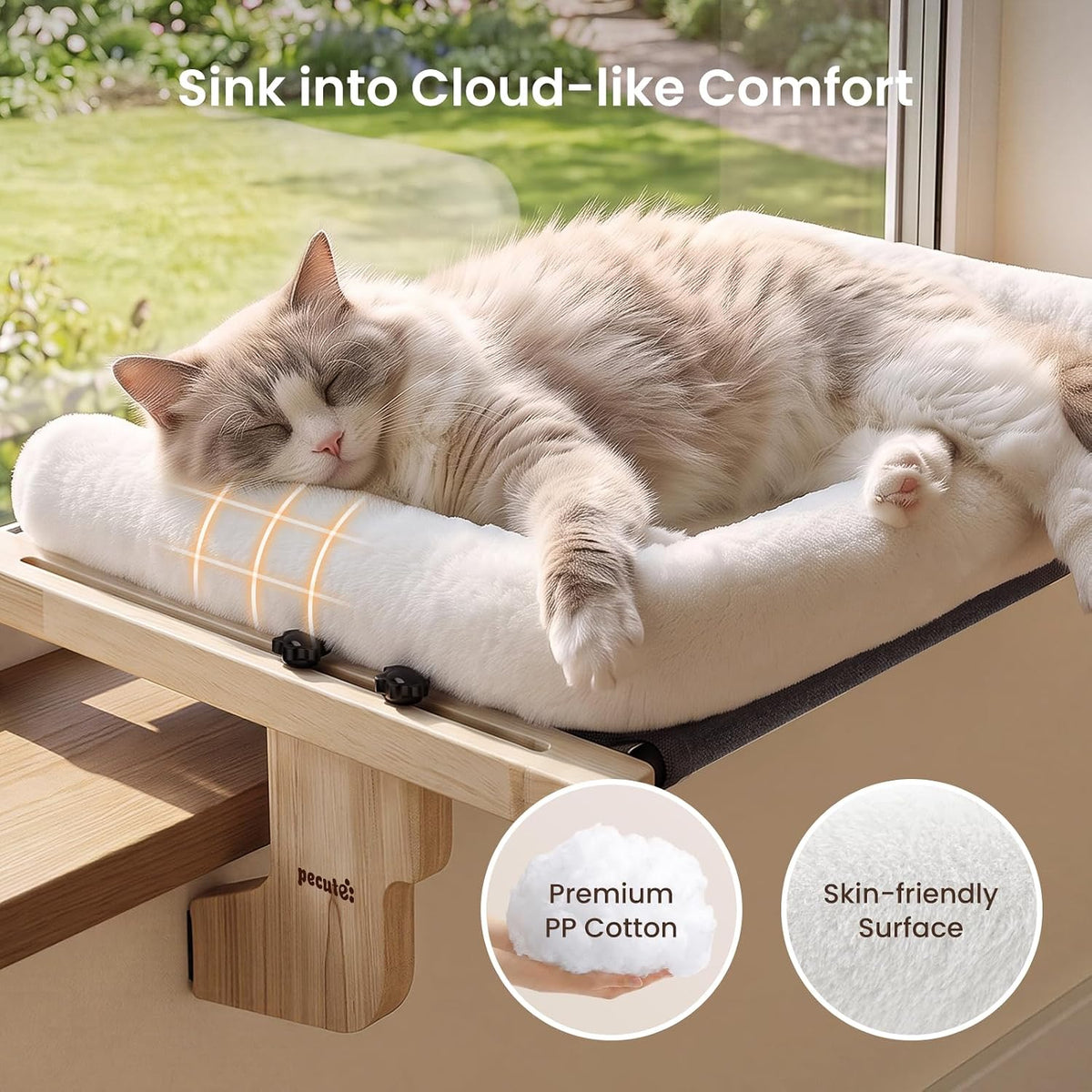 Pecute Cat Windowsill Perch, Cloud-Soft Cat Bed with Wood Frame, 18.9"L