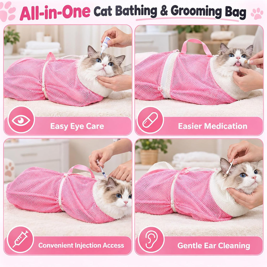 5PCS Cat Bathing Bag Grooming Kit with Brush, Nail Clipper & Towel