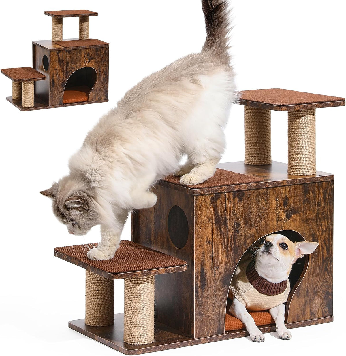 FUKUMARU Dog Stairs, Solid Wood Pet Stairs with Cat Scratching Post