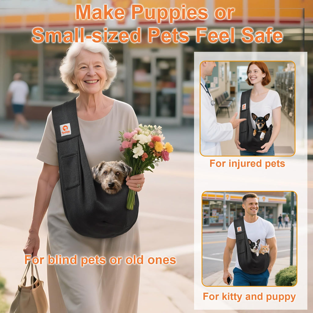 Tomkas Small Dog Cat Sling Carrier Puppy Purse Travel Wrap Soft Crossbody Pet Bag (Black1, M - Classic Pocket & Classic Strap)