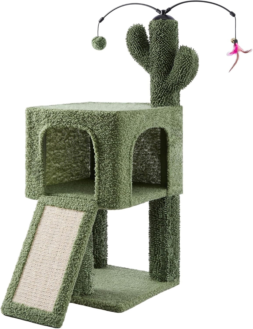32" Cat Tree for Indoor Cats, 2-in-1 Cat House with Sisal Scratching Post & Ramp, 2-Level Cat Tower with Rotatable Feath
