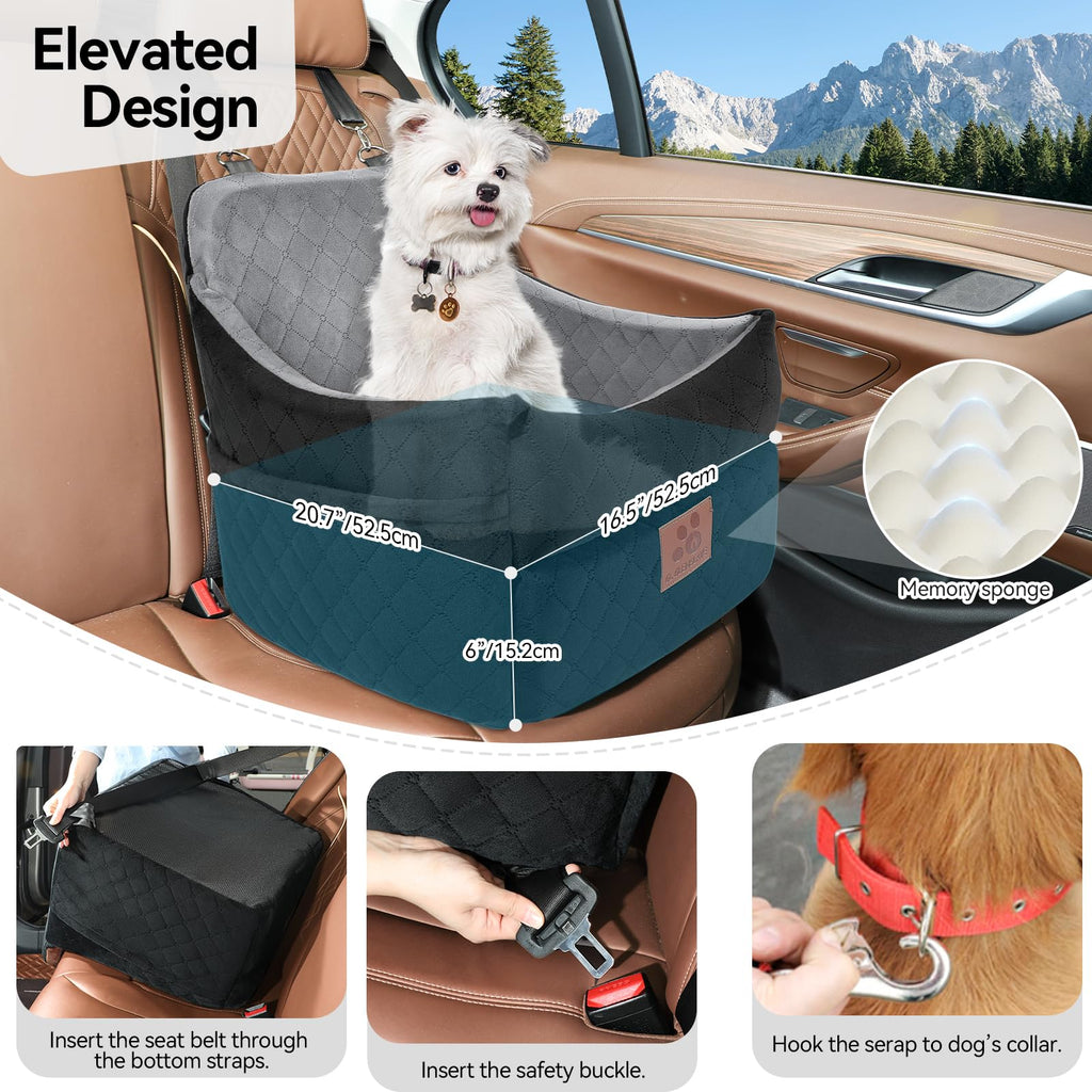 GL GLENSLAVE Dog Car Seat for Small/Medium Dogs, Dog Booster Car Seats with Thick Cushion for Dogs Under 35lbs, Detachable Washable Pet Carseat with Storage Pockets, 2 Safety Belts(Black/Grey)