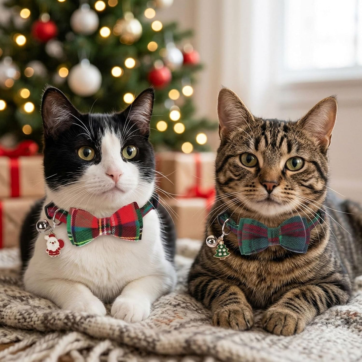 Christmas Cat Collar Breakaway, Plaid Xmas Cat Bow Tie Collar