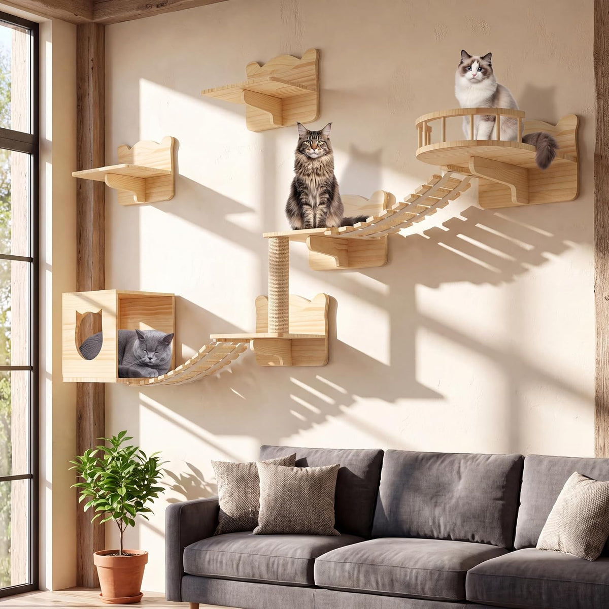 Cat Wall Shelves, 9-in-1 Wood Cat Wall Furniture Set, Burlywood