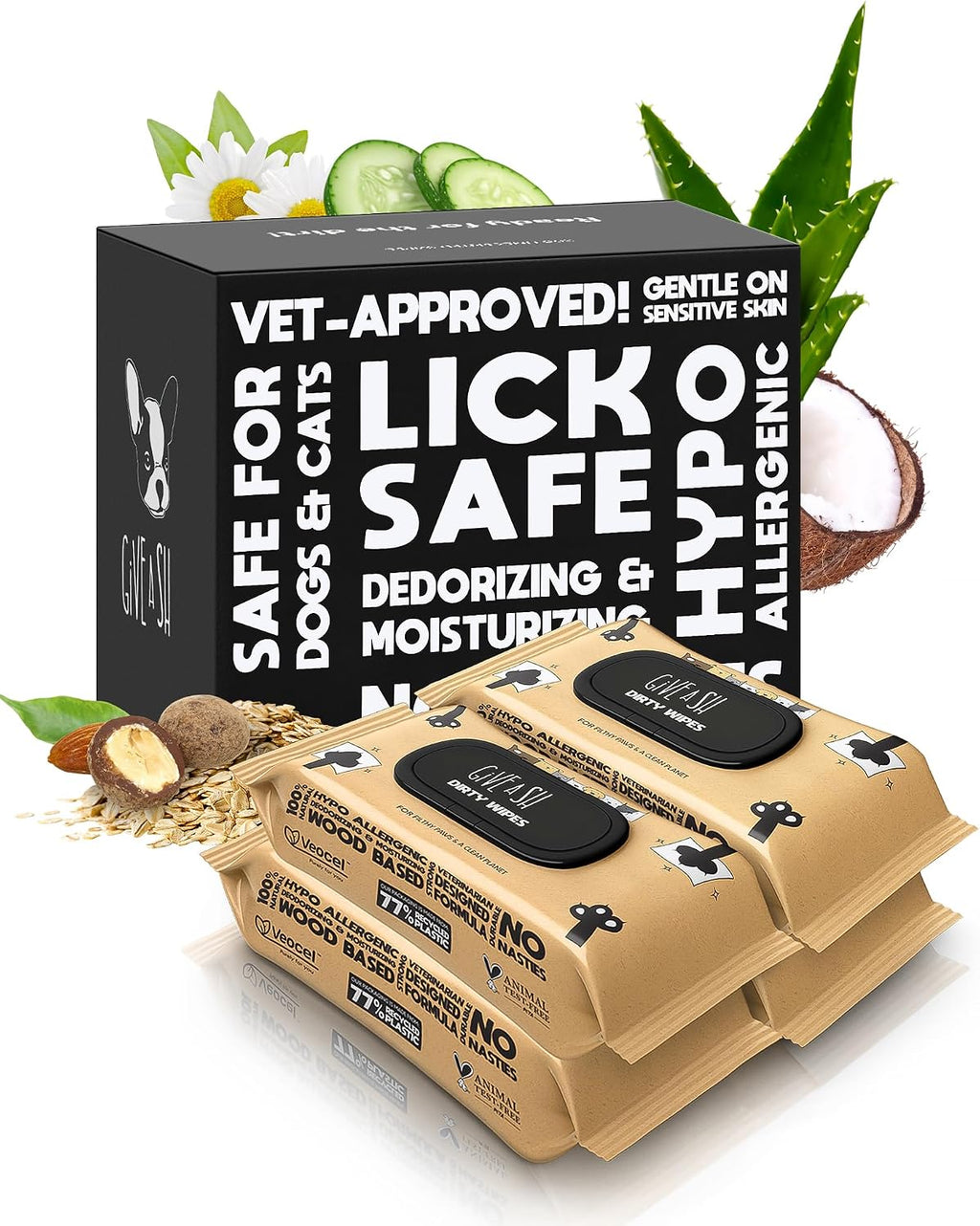G.A.S Lick-Safe Daily Pet Wipes for Dogs and Cats, Unscented, 100 Count