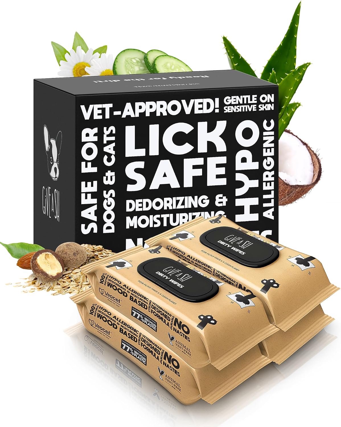 G.A.S Lick-Safe Daily Pet Wipes for Dogs and Cats, Unscented, 100 Count