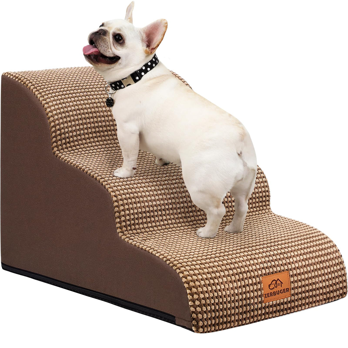 Zerbuger Dog Ramp and Stairs for Bed, Coffee 3 Steps 16" H, Nonslip Cover
