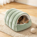 Hooded Cat Cave Bed with Removable Washable Cushion, Warm Plush，Green：M:18.9 x 11.8 x 7.9 inch