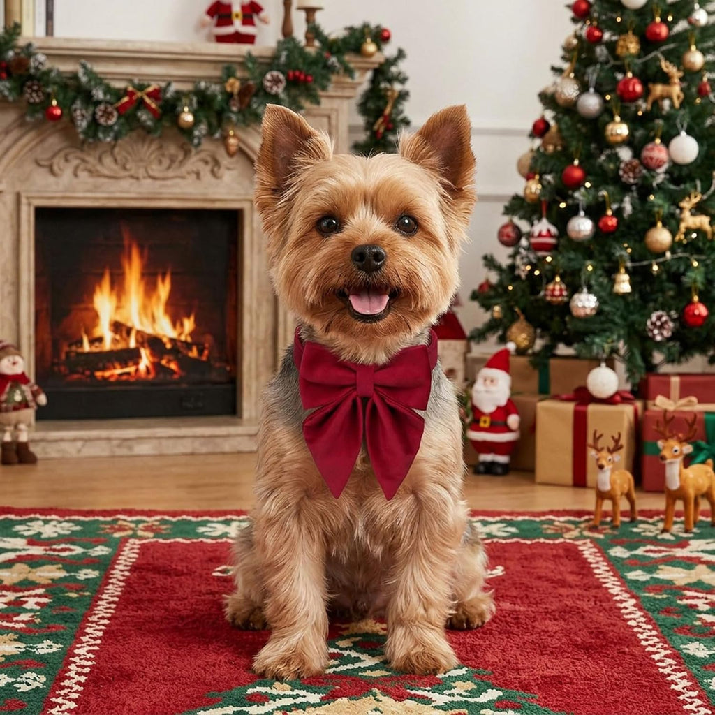 PTDECOR Velvet Dog Collar, Red Christmas Dog Collar with Bowtie, Small