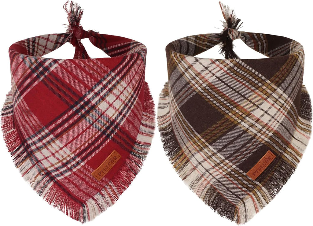 PTDECOR Plaid Fall Dog Bandana, Brown Red Thanksgiving Pet Scarf, X-Large