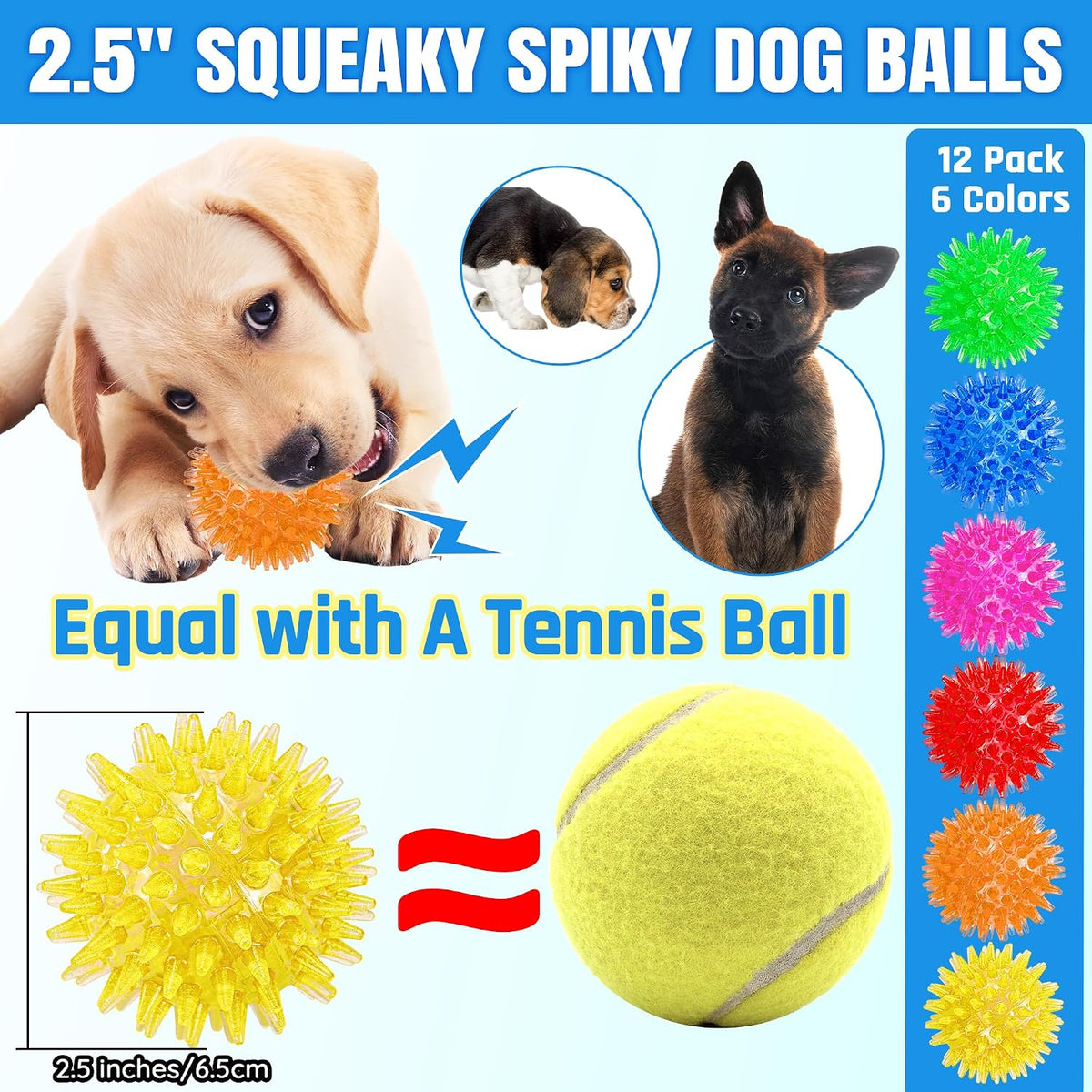 LECHONG 12-Pack Squeaky Spiky Dog Balls, 2.5" Balls for Small Medium Dogs
