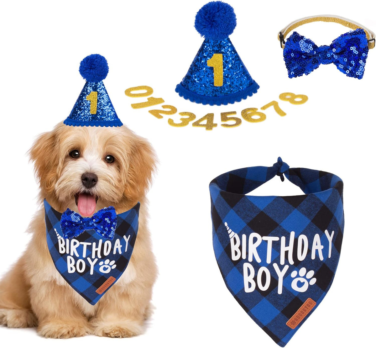 Dog Birthday Hat Bandana Set, Blue Plaid Boy Dog Bandana, X-Large