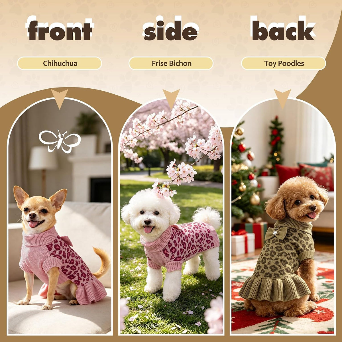 WOYYHO Small Dog Sweater Dress with Bowtie, Knitted Leopard Pet Dog Clothes