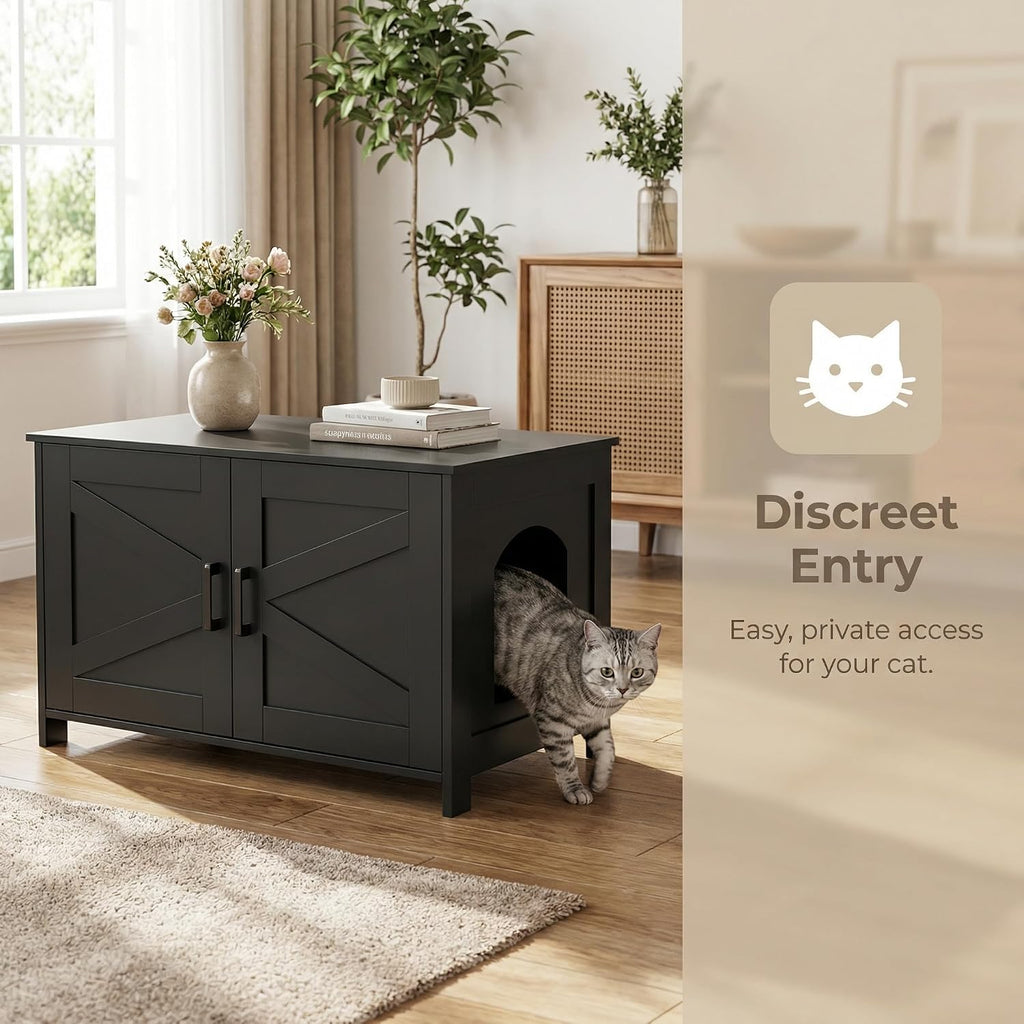 31.5"L Cat Litter Box Enclosure with Barn Door, Black