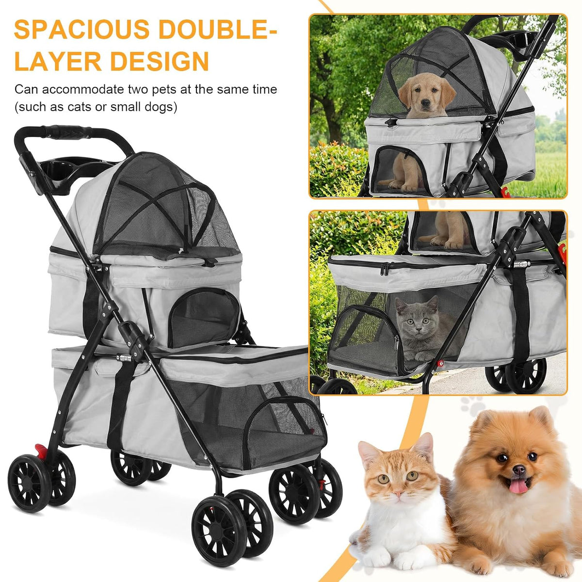 Double Pet Stroller for Cats and Dogs, 2-in-1 Lightweight Foldable Travel Cart with Cup Holder and Foot Brake, Double Do