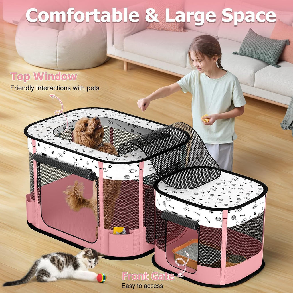 Portable Cat Playpen with Litter Box Area, Foldable Pet Dog Playpen