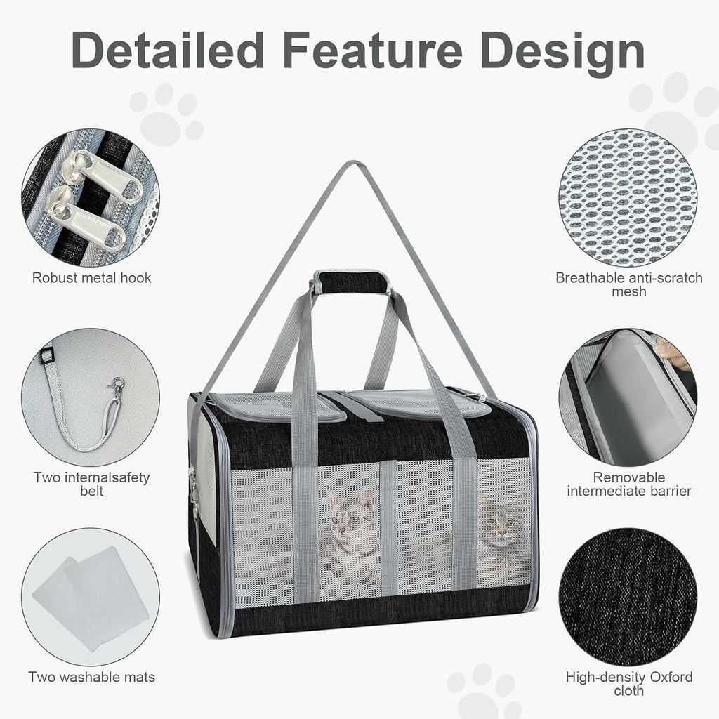 Soft-Sided Cat Carrier for 2 Cats, Gray, Breathable Mesh Design, Airline Approved Travel Bag for Small to Large Cats, Ex