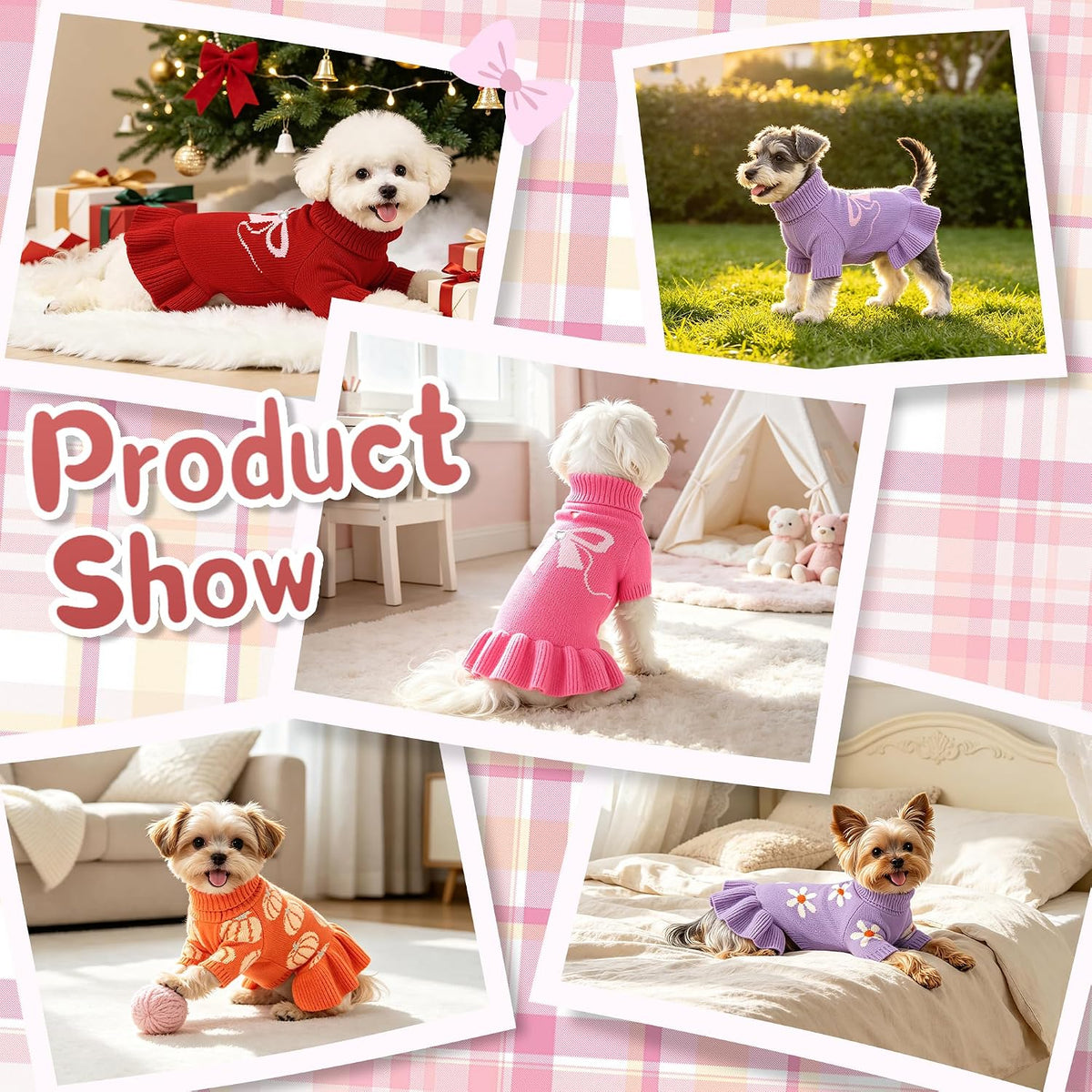Bowknot Dog Sweater Dress for Small Dogs Girl, Stretchy Pet Clothes