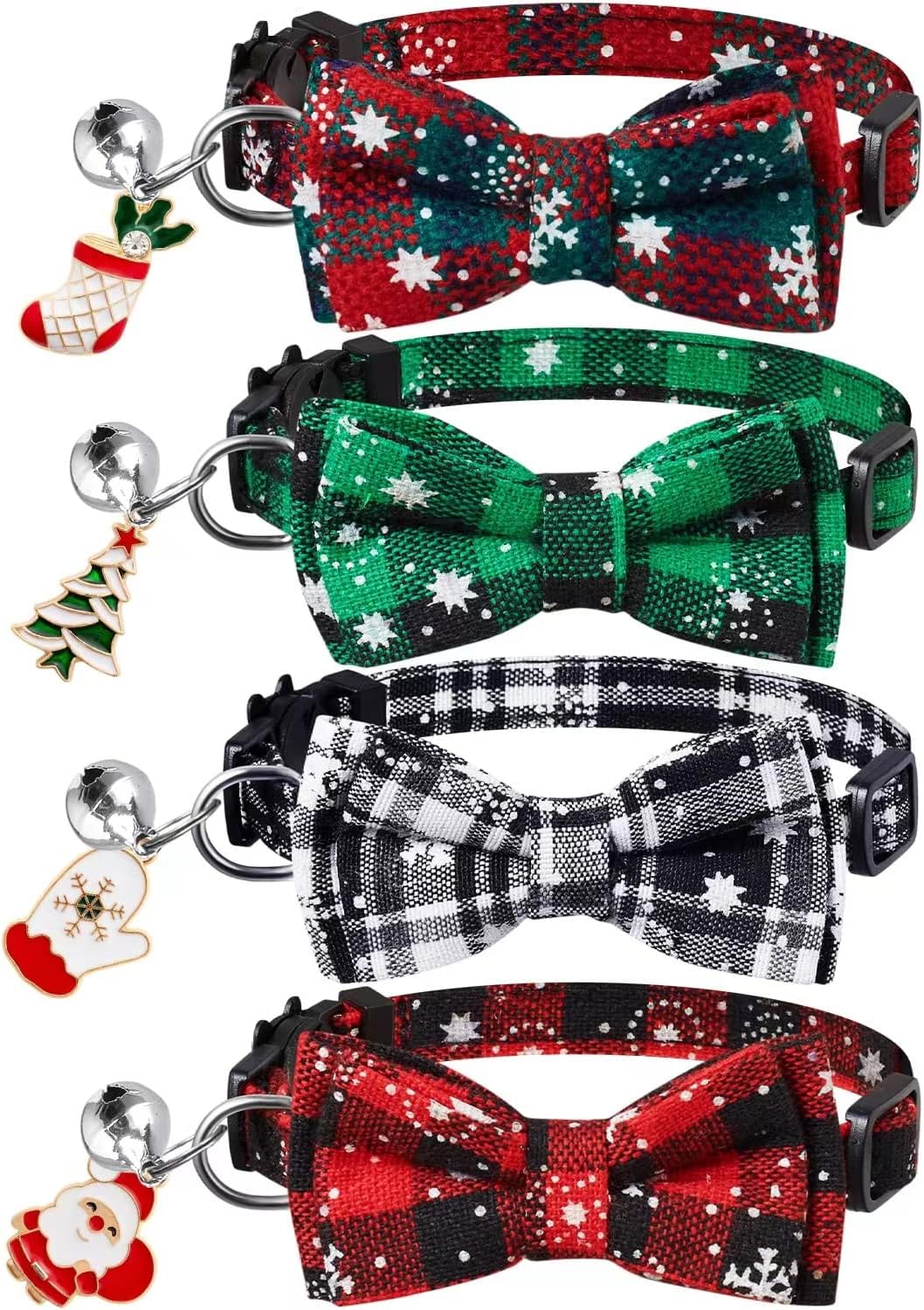 LLHK 4 Pack Christmas Cat Collars with Bow Tie and Bell,Breakaway Kitten Collar for Girl Boy Cats,Adjustable 7-12inch, f