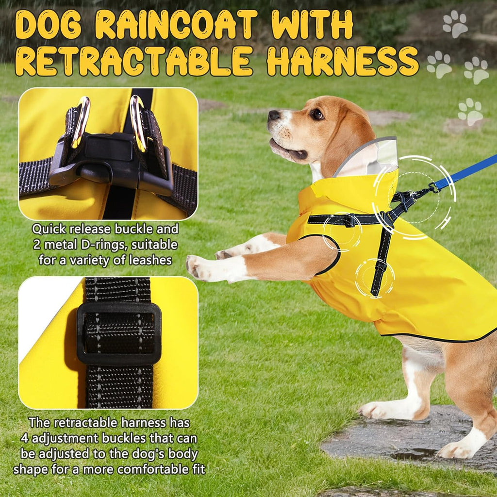 Dog Raincoat: Dog Rain Jacket with Reflective Harness & Removable Hood | Waterproof Dogs Rain Coat Poncho for Large Medi