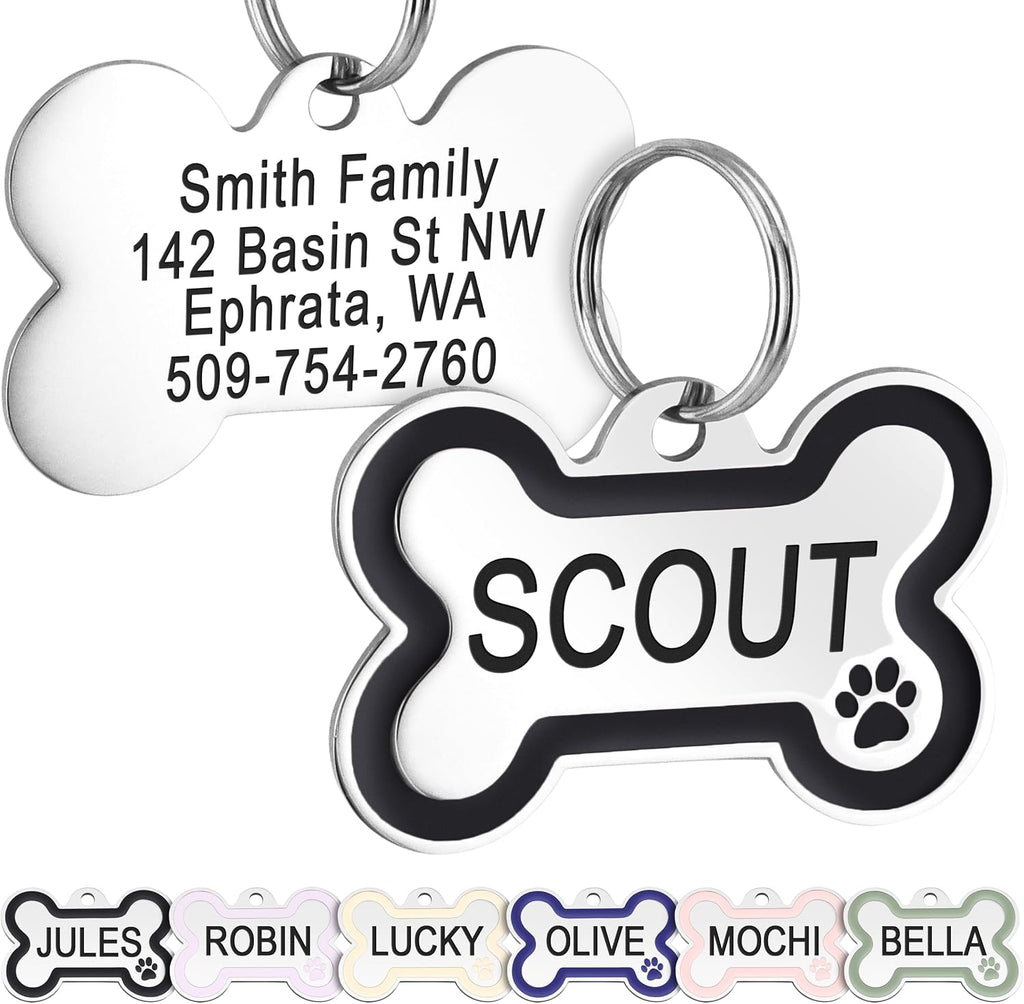GoTags Stainless Steel Pet ID Tag Bone Round and Heart Shaped Paw Design