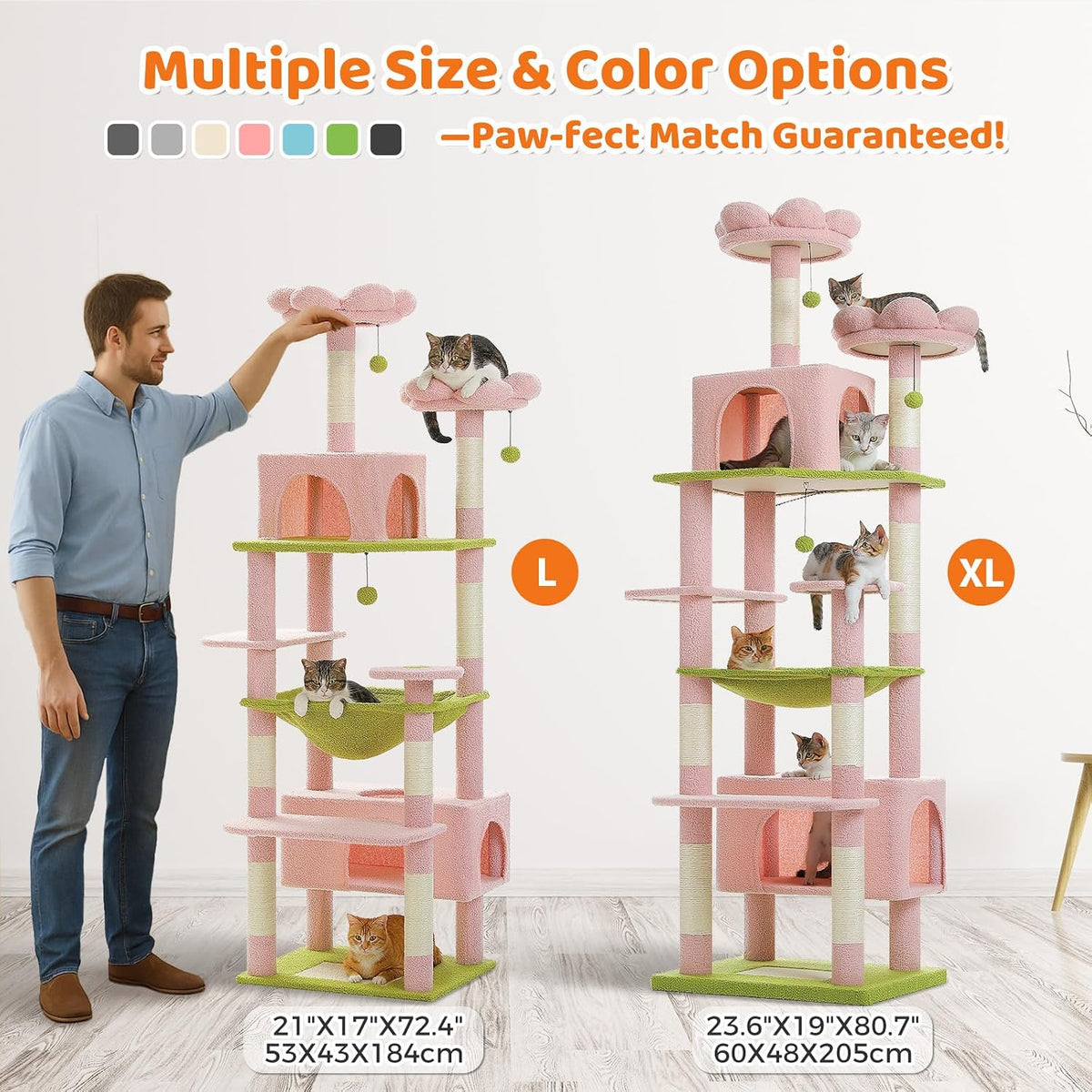 PAWZ Road Flower Cat Tree 72" Cat Tower with Condos&Hammock for Large Cats