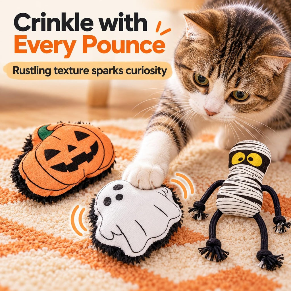 Catnip Cat Toys, Halloween Ghost Pumpkin and Mummy Plush Toys, 3 Pack
