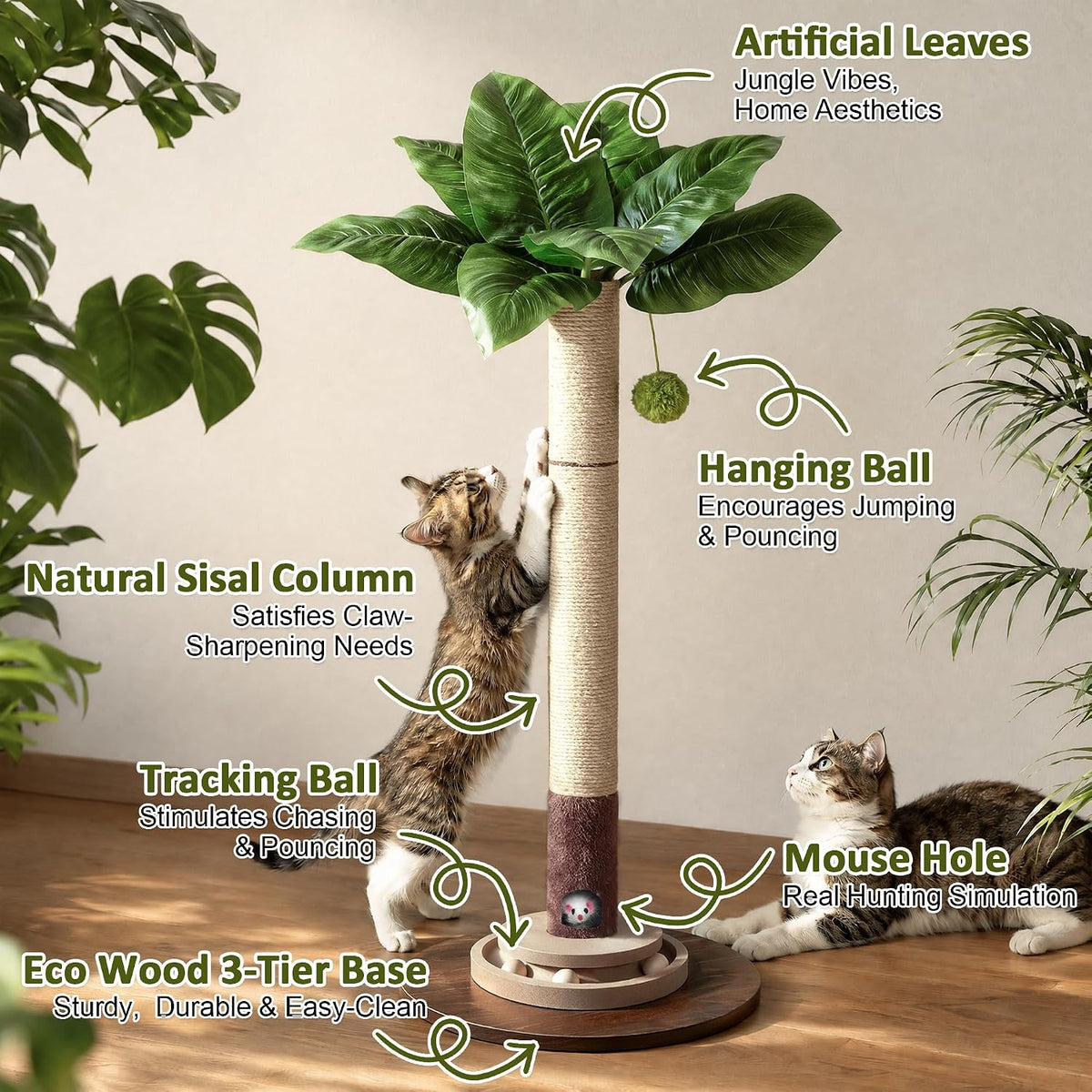 40" Cat Scratching Post, Natural Sisal Rope Cat Scratcher Tree
