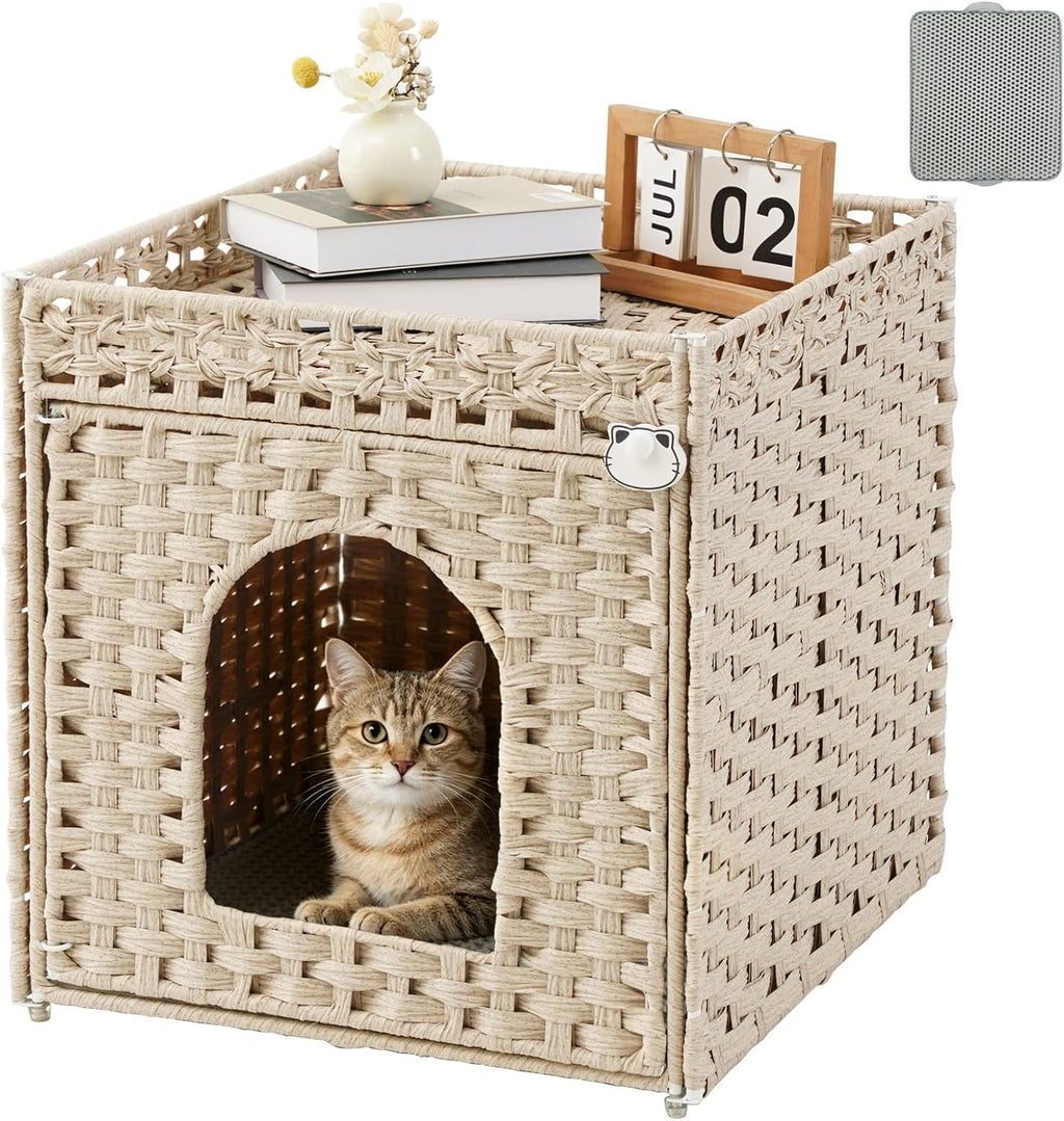 Cat Litter Box Enclosure Furniture, Hidden PE Rattan, Natural