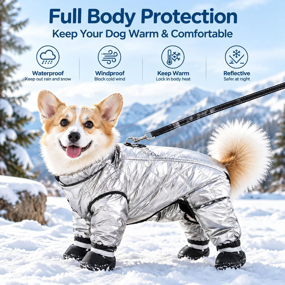 Dog Snowsuit with Attached Boots, Full Body Winter Dog Coat，#B：Small