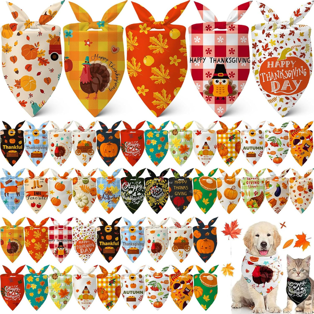 60 Pcs Fall Dog Bandana Bulk Thanksgiving Pet Scarf, Turkey Pattern