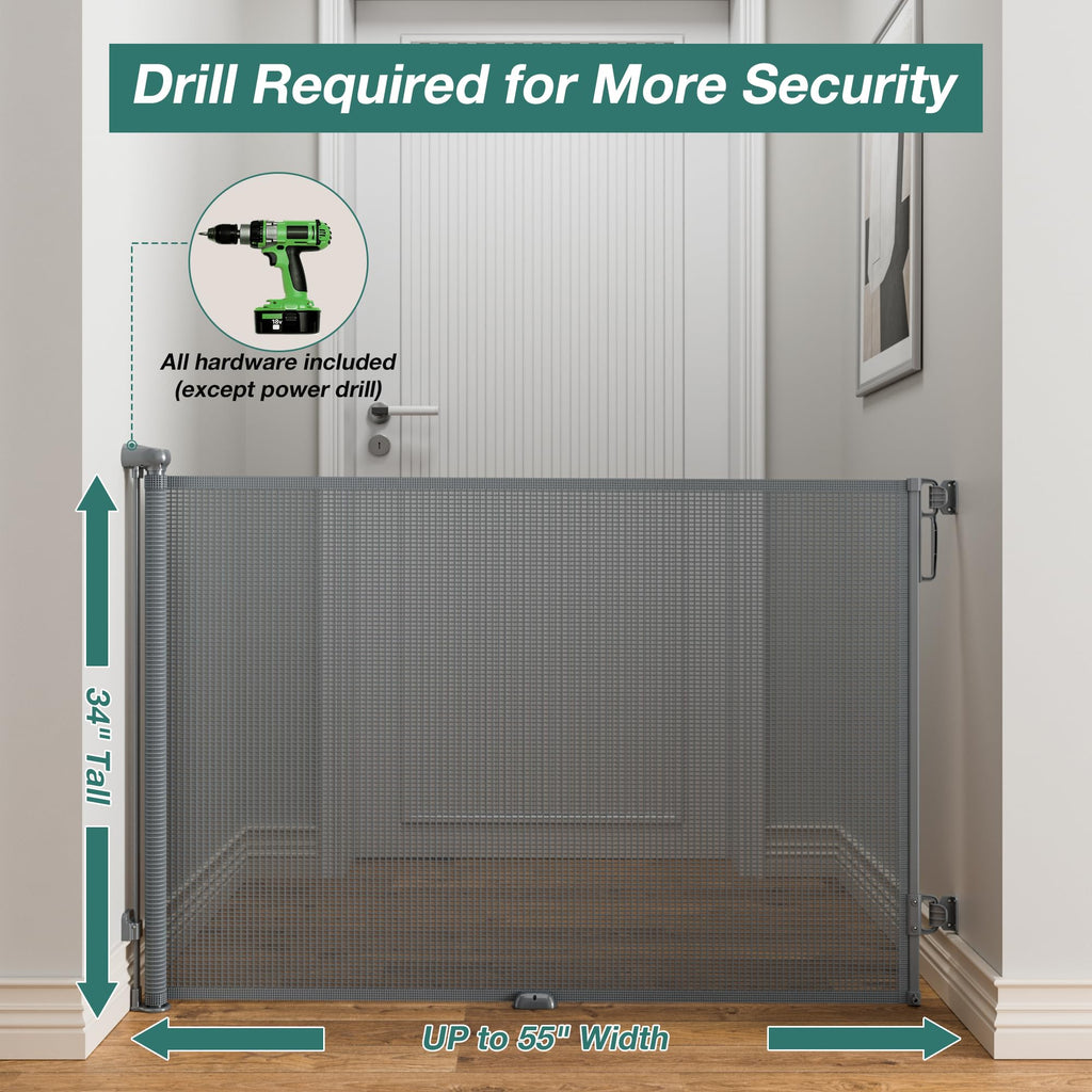 Retractable Baby Gate for Stairs, Dog Gate Indoor 55" Wide × 34" Tall Gray.