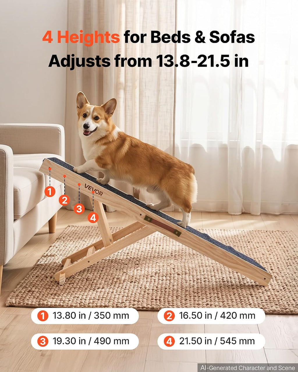 VEVOR Dog Ramp for Bed 13.8"-21.5" 4 Adjustable Height Foldable Pet Ramp
