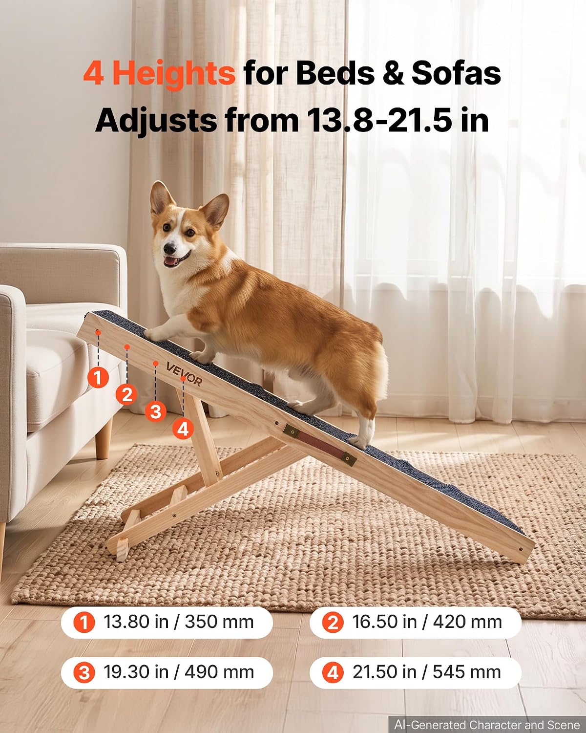 VEVOR Dog Ramp for Bed 13.8"-21.5" 4 Adjustable Height Foldable Pet Ramp