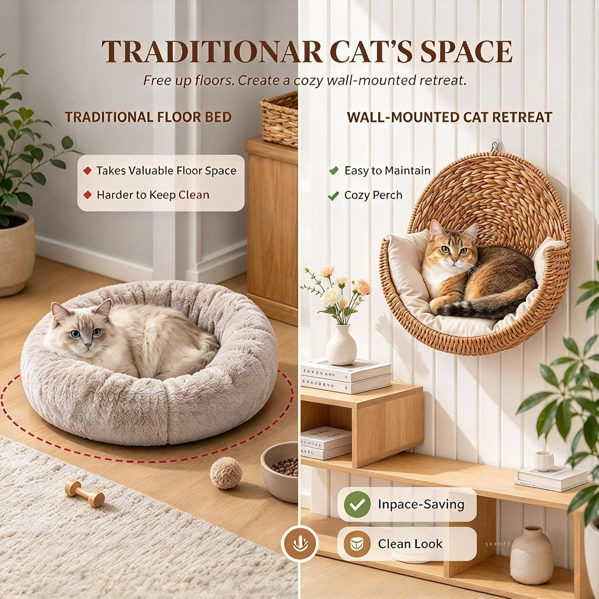 Wooden Handwoven Hanging Cat Bed, Boho Wall Mounted Cat Perch