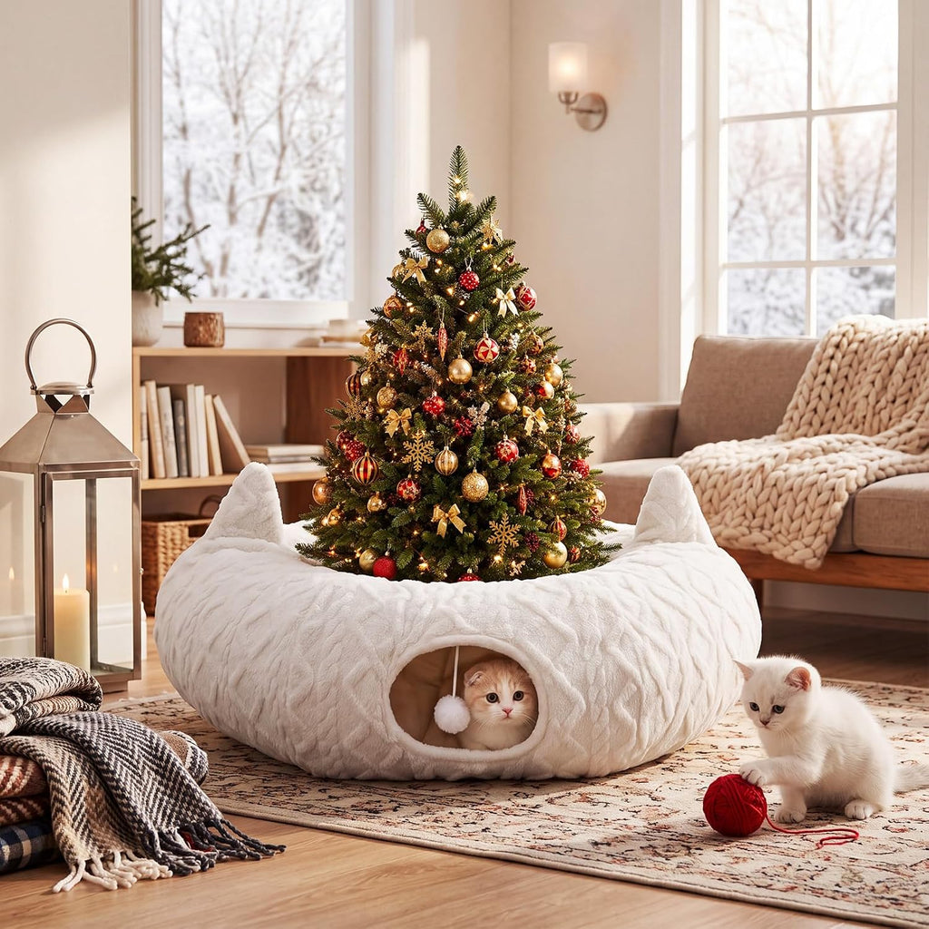 Christmas Cat Tunnel Tree Skirt, White, 43.3 x 12 in, Cat Ear