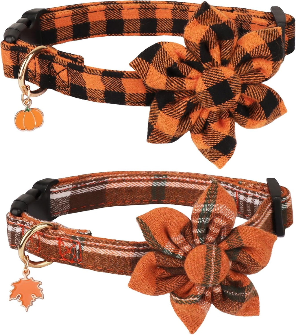 Fall Dog Collar 2 Pack, Orange Plaid Thanksgiving Shirt Collar, M