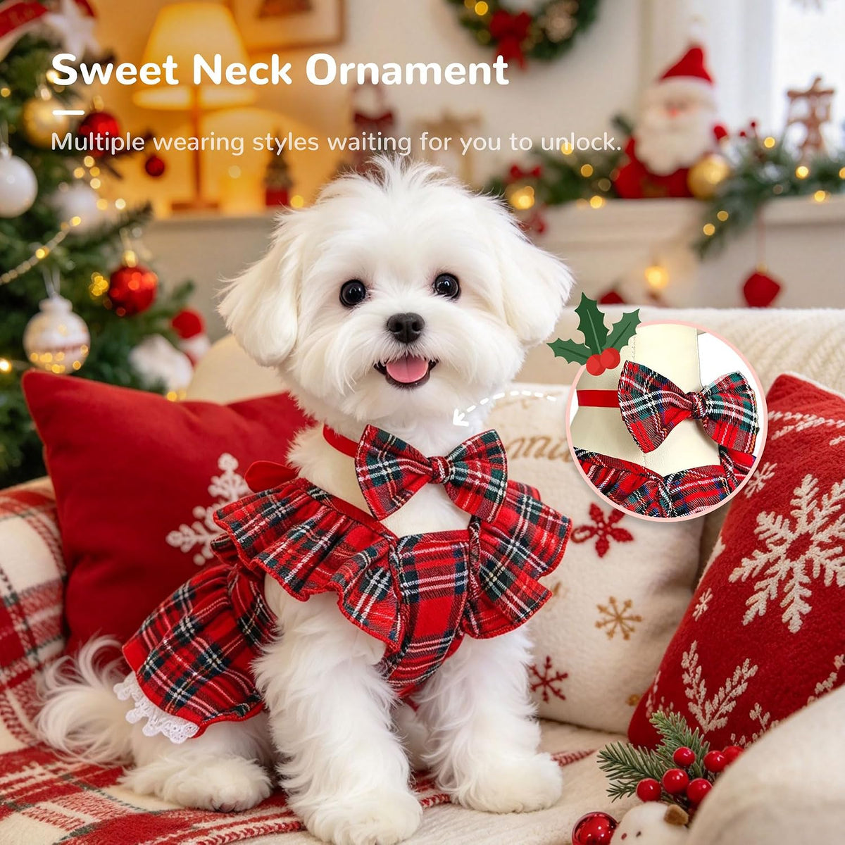 Plaid Small Dog Cat Christmas Dress Outfits with Bow & Leash D-Ring,Soft Breathable Cute Ruffle Xmas Puppy Clothes Girl,