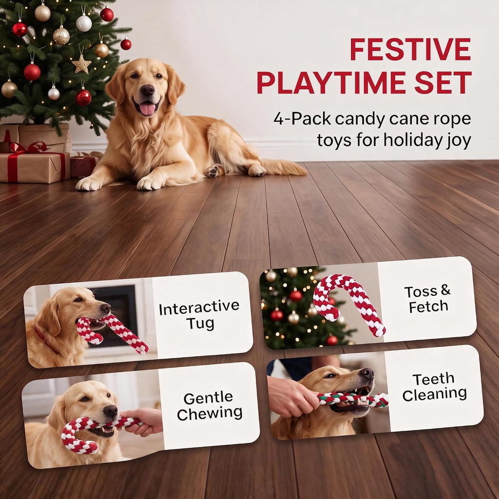 4 Pack Christmas Dog Rope Toys, Candy Cane Pet Toys for Interactive Play