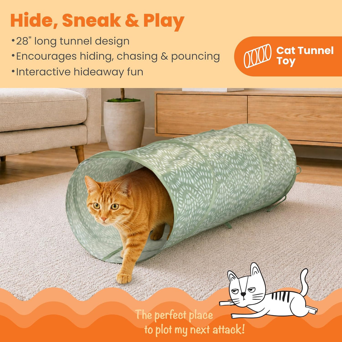 Catstages Sneak & Seek Collapsible Cat Tunnel Toy, Sage Swirl Dots, 28”