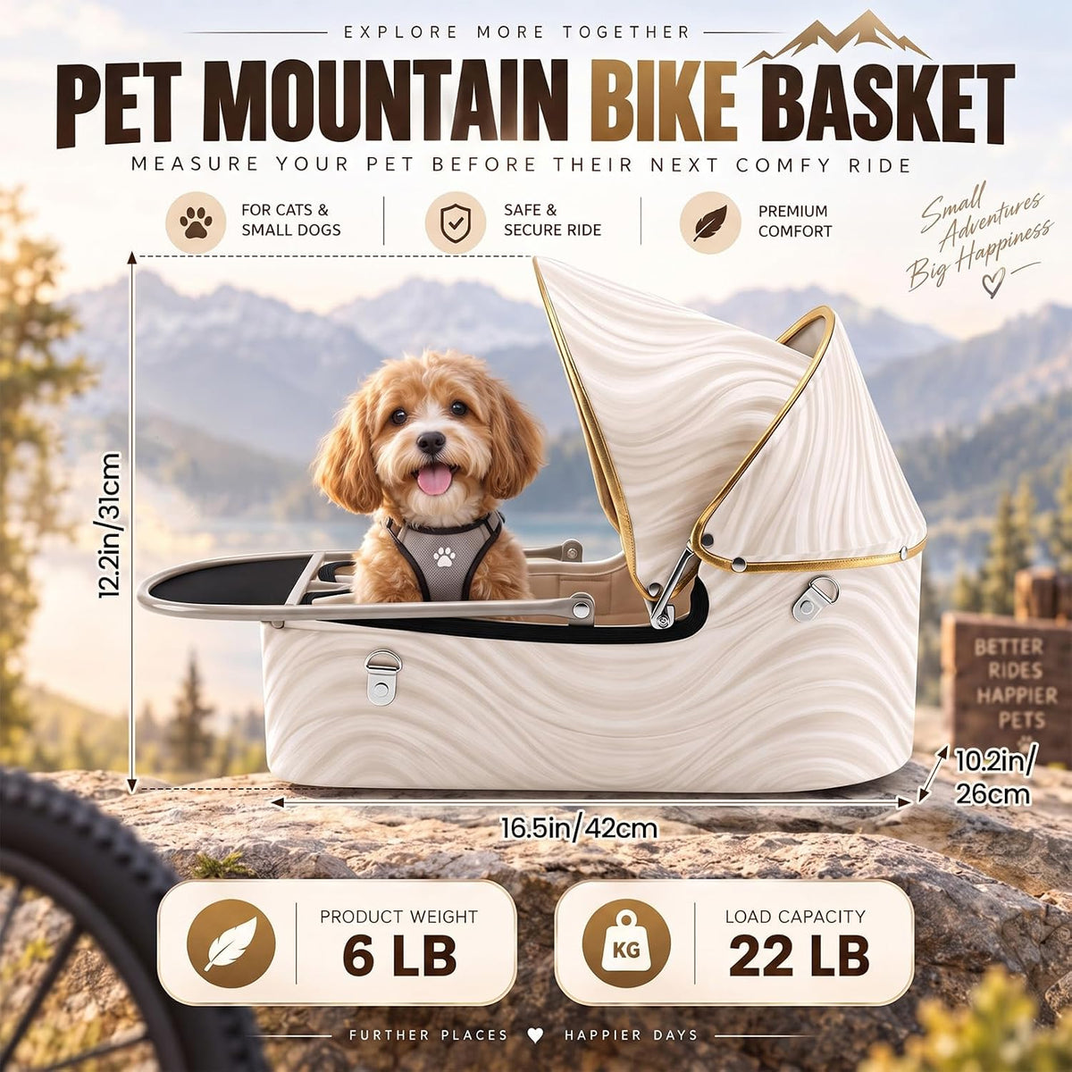 BBTO Middle Mount Dog Bike Basket for 22 Lbs with Sunshade & Platform