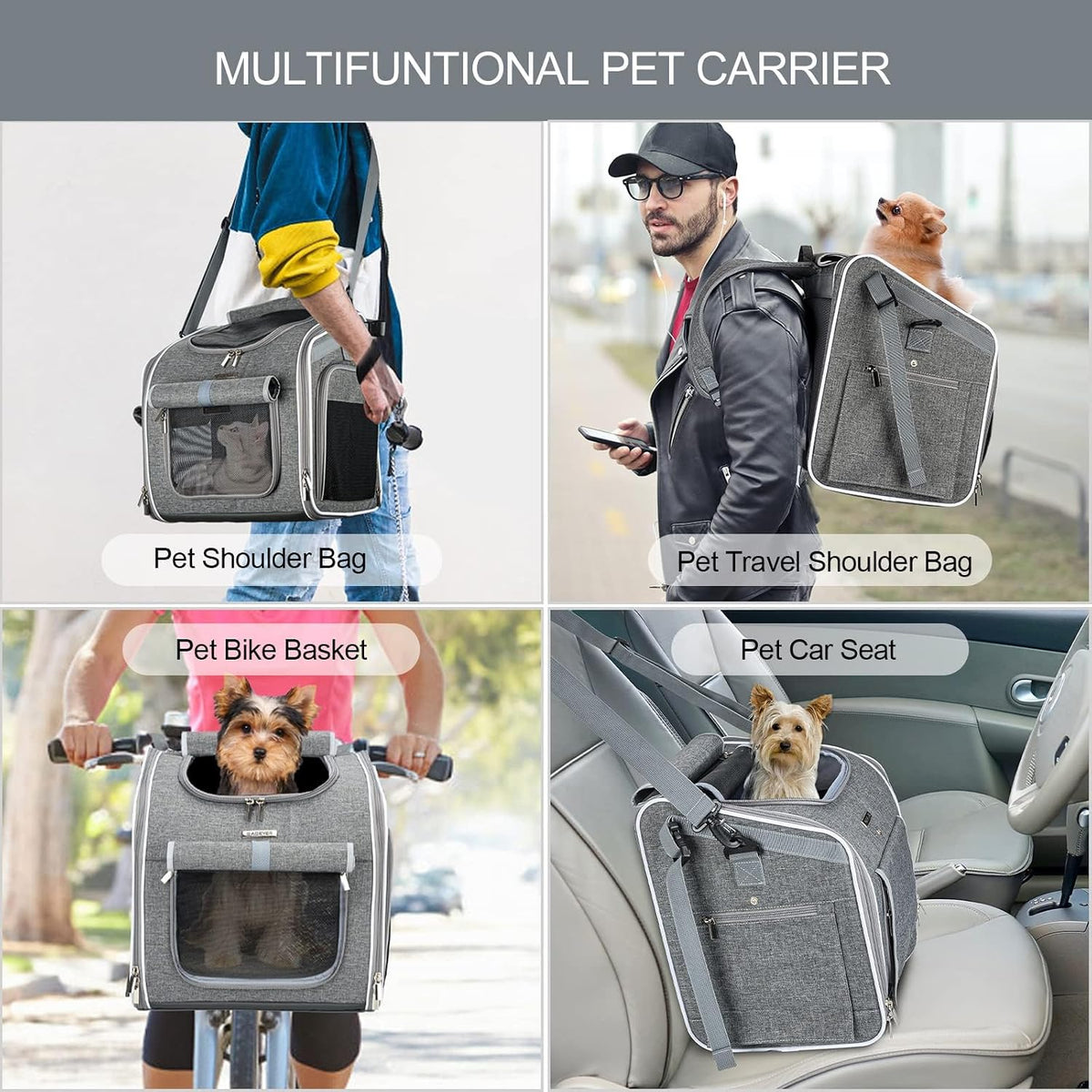 Dog Bike Basket, Expandable Soft-Sided Pet Carrier Backpack with 4 Open Doors, 4 Mesh Windows for Small Dog Cat Puppies 