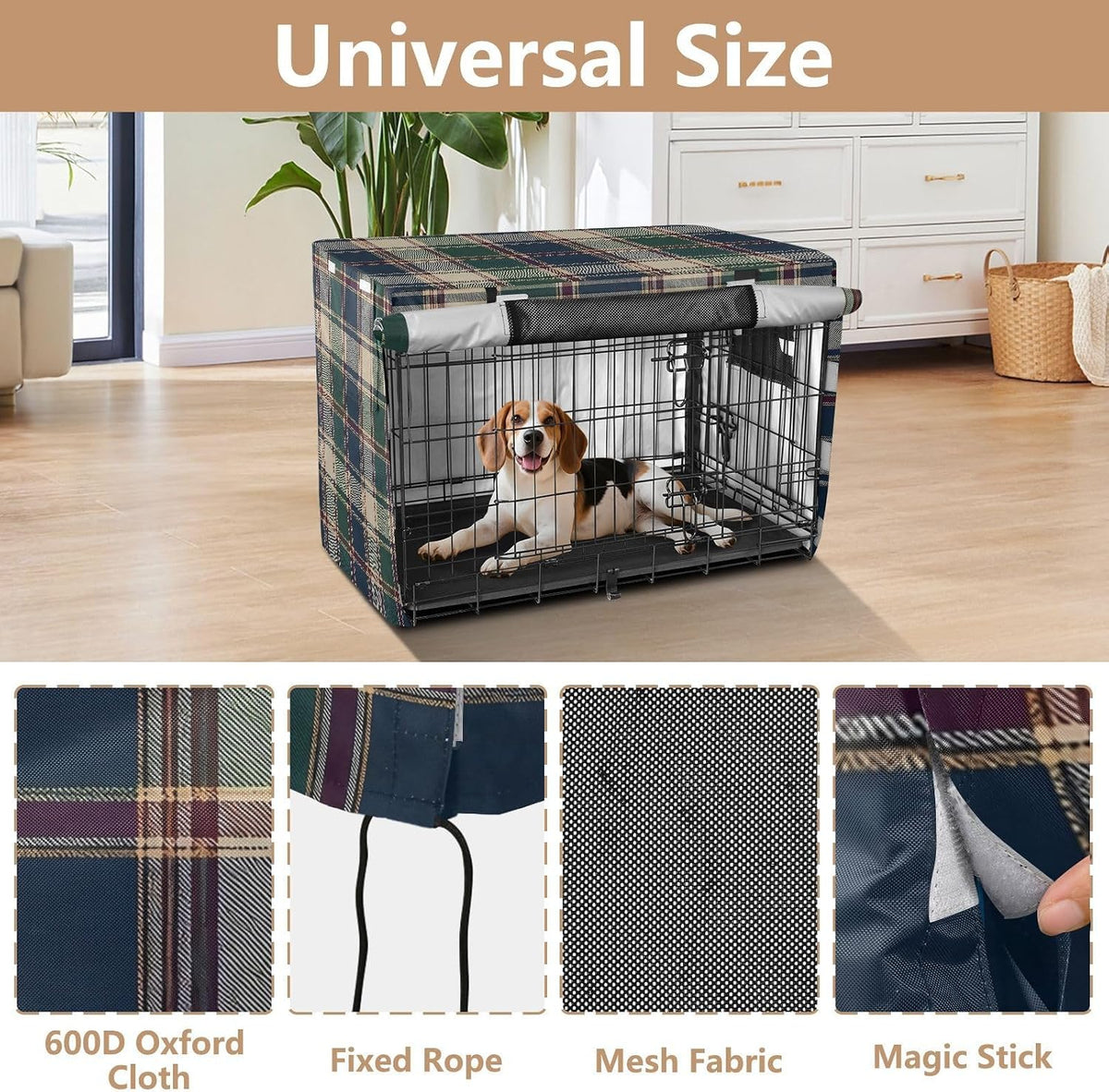 Dark Green Plaid Dog Crate Cover 42" L x 28" W x 30" H, Waterproof Windproof Light Blocking Pet Cage Cover with Roll Up 